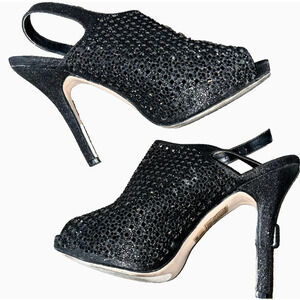 Lauren Lorraine Stiletto Peep Toe Sling Back Glitter Evening Size 8 Black Heels